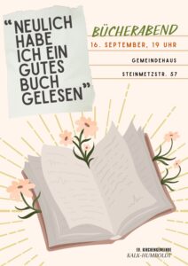 Mehr über den Artikel erfahren Bücherabend am 16. September um 19.00 Uhr im Gemeindehaus in der Steinmetzstraße 57