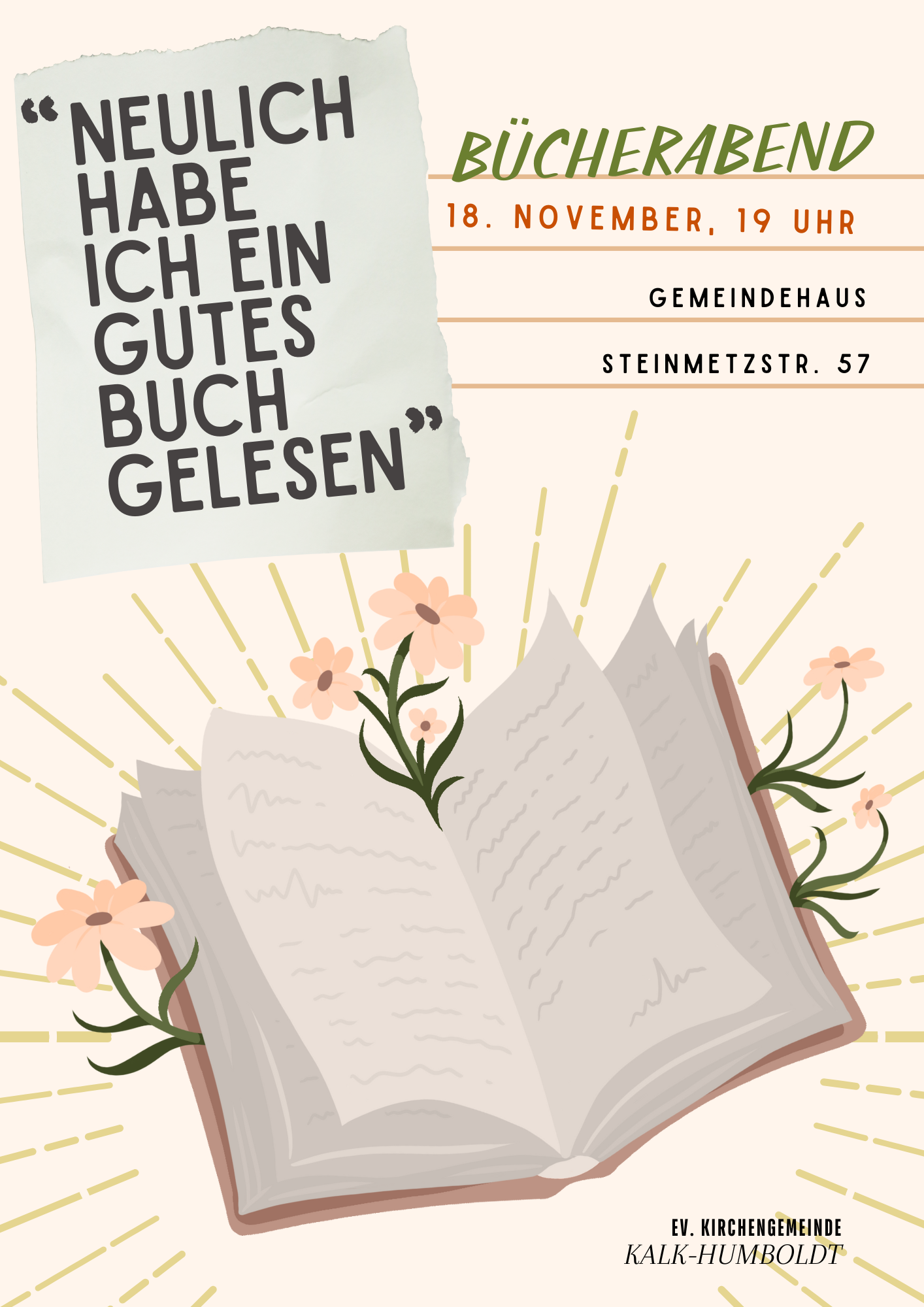 Mehr über den Artikel erfahren Bücherabend am 18. November um 19.00 Uhr im Gemeindehaus in der Steinmetzstraße 57